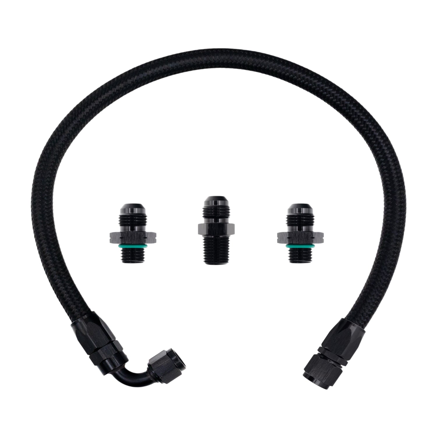 FSD 2003+ 2nd Gen Swap Turbo Feed Line Manifold Flipped Up Black Braided