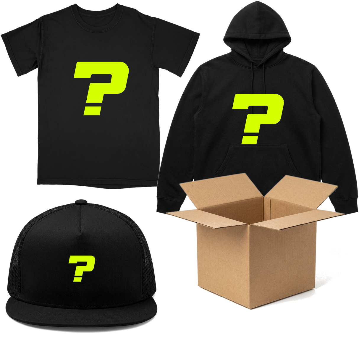 FSD25 Mystery Box contents: blacked-out limited edition tee, hoodie and hat with an open shipping box