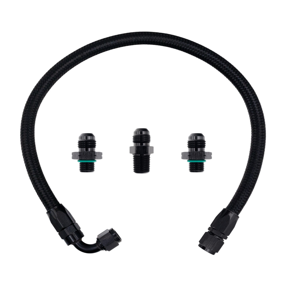 FSD 2003+ 2nd Gen Swap Turbo Feed Line Manifold Flipped Up Black Braided