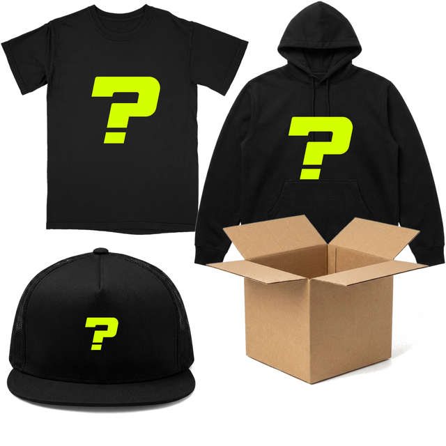 FSD25 Mystery Box contents: blacked-out limited edition tee, hoodie and hat with an open shipping box