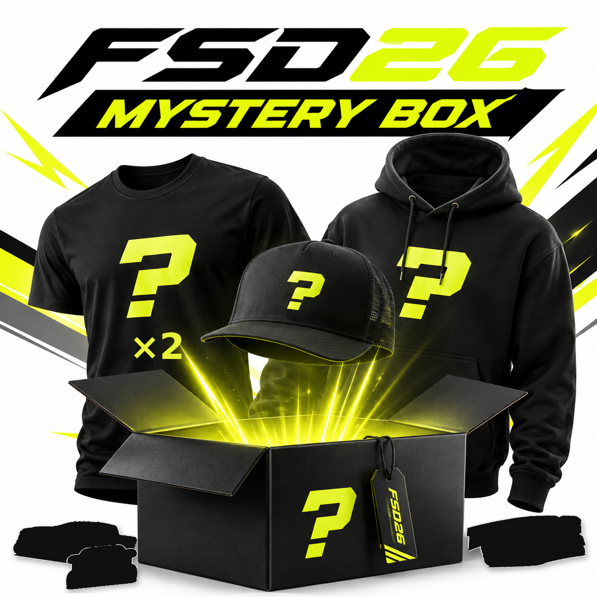 FSD26 Mystery Box: two tees, a hoodie, a hat and three stickers